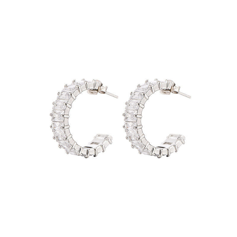 Wholesale Colored Zircon Stainless Steel Gold Plated C Shape Earrings
